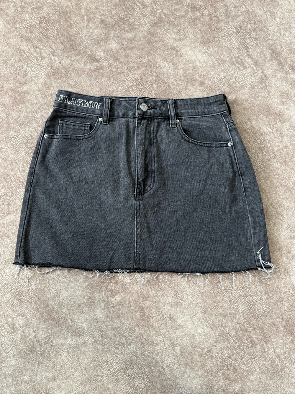 Playboy x PacSun Black Denim Mini Skirt Rhinestone Bunny Heart Size 27